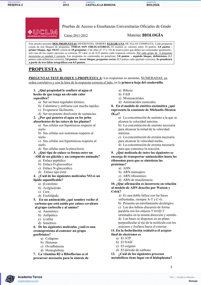 Vista previa de Examen PAU de Biología de Castilla-La Mancha 2012 – Reserva 2