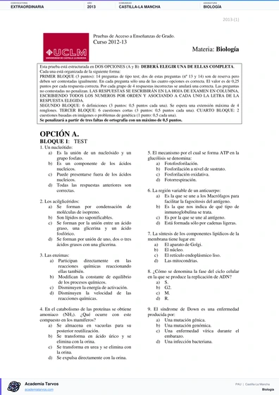 Vista previa de Examen PAU de Biología de Castilla-La Mancha 2013 – Extraordinaria