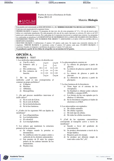 Vista previa de Examen PAU de Biología de Castilla-La Mancha 2013 – Ordinaria