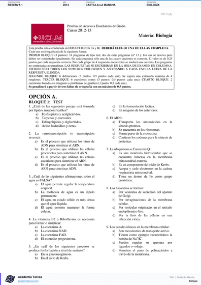 Vista previa de Examen PAU de Biología de Castilla-La Mancha 2013 – Reserva 1
