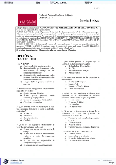Vista previa de Examen PAU de Biología de Castilla-La Mancha 2013 – Reserva 2