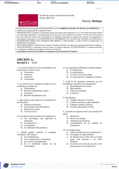 Vista previa de Examen PAU de Biología de Castilla-La Mancha 2014 – Extraordinaria