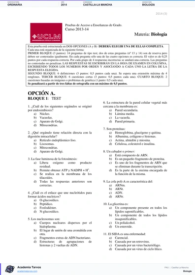 Vista previa de Examen PAU de Biología de Castilla-La Mancha 2014 – Ordinaria