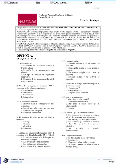Vista previa de Examen PAU de Biología de Castilla-La Mancha 2015 – Extraordinaria