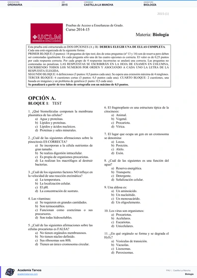 Vista previa de Examen PAU de Biología de Castilla-La Mancha 2015 – Ordinaria