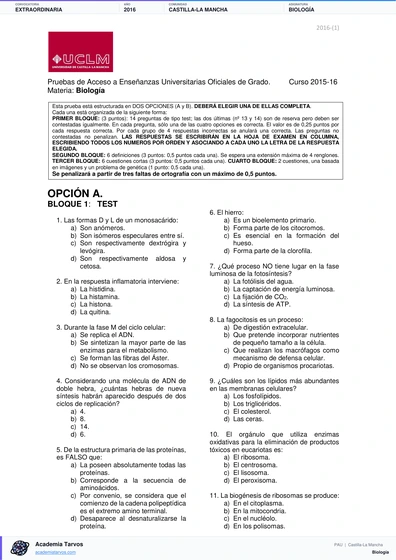 Vista previa de Examen PAU de Biología de Castilla-La Mancha 2016 – Extraordinaria