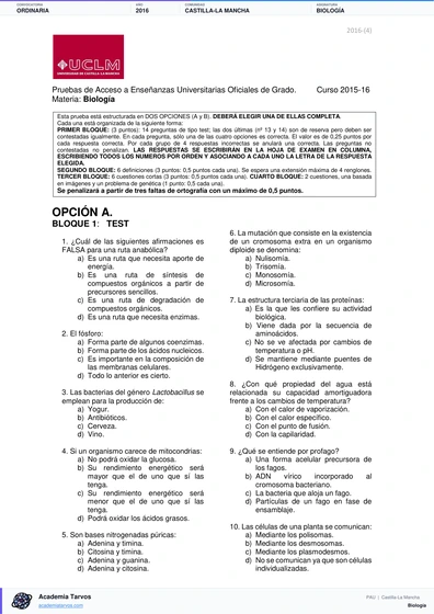 Vista previa de Examen PAU de Biología de Castilla-La Mancha 2016 – Ordinaria