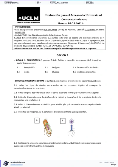 Vista previa de Examen PAU de Biología de Castilla-La Mancha 2017 – Extraordinaria