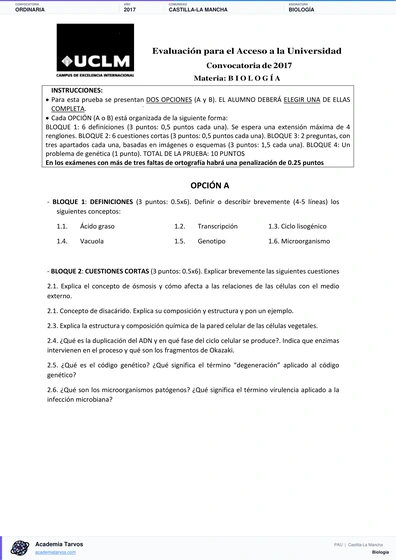 Vista previa de Examen PAU de Biología de Castilla-La Mancha 2017 – Ordinaria