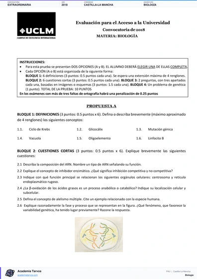 Vista previa de Examen PAU de Biología de Castilla-La Mancha 2018 – Extraordinaria
