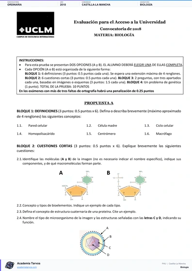 Vista previa de Examen PAU de Biología de Castilla-La Mancha 2018 – Ordinaria