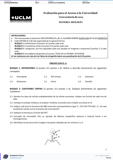Vista previa de Examen PAU de Biología de Castilla-La Mancha 2019 – Extraordinaria