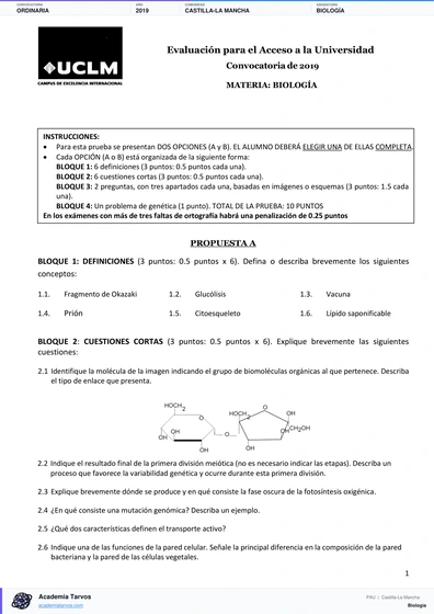 Vista previa de Examen PAU de Biología de Castilla-La Mancha 2019 – Ordinaria
