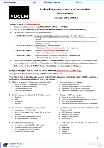 Vista previa de Examen PAU de Biología de Castilla-La Mancha 2020 – Extraordinaria