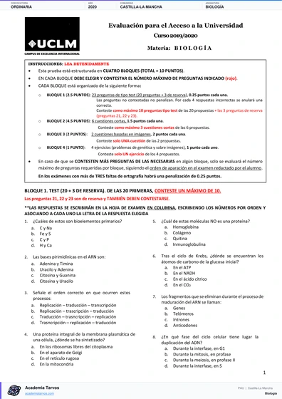 Vista previa de Examen PAU de Biología de Castilla-La Mancha 2020 – Ordinaria