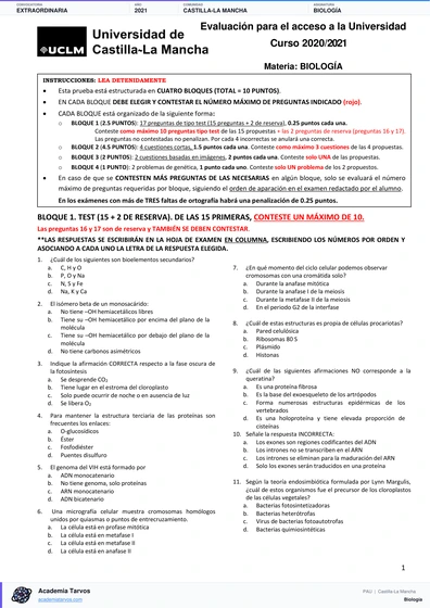 Vista previa de Examen PAU de Biología de Castilla-La Mancha 2021 – Extraordinaria