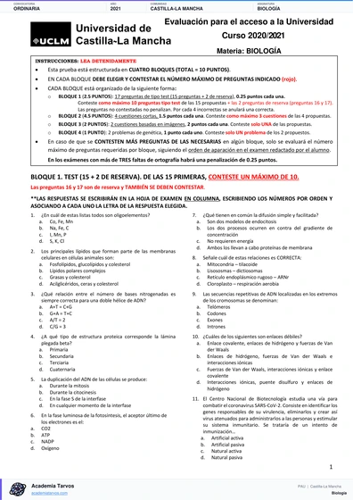 Vista previa de Examen PAU de Biología de Castilla-La Mancha 2021 – Ordinaria