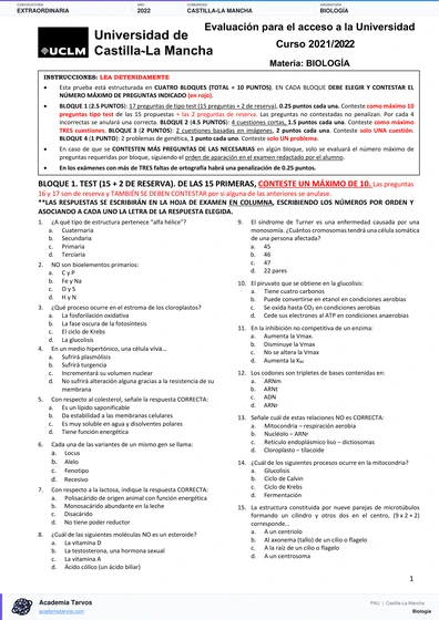 Vista previa de Examen PAU de Biología de Castilla-La Mancha 2022 – Extraordinaria