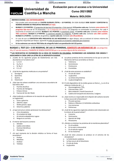 Vista previa de Examen PAU de Biología de Castilla-La Mancha 2022 – Ordinaria