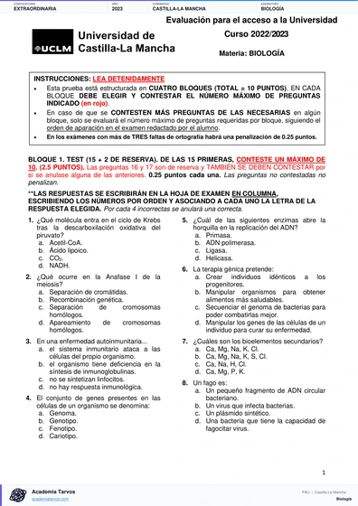 Vista previa de Examen PAU de Biología de Castilla-La Mancha 2023 – Extraordinaria