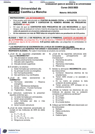 Vista previa de Examen PAU de Biología de Castilla-La Mancha 2023 – Ordinaria