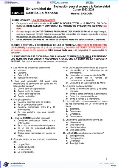 Vista previa de Examen PAU de Biología de Castilla-La Mancha 2024 – Extraordinaria