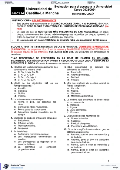 Vista previa de Examen PAU de Biología de Castilla-La Mancha 2024 – Ordinaria