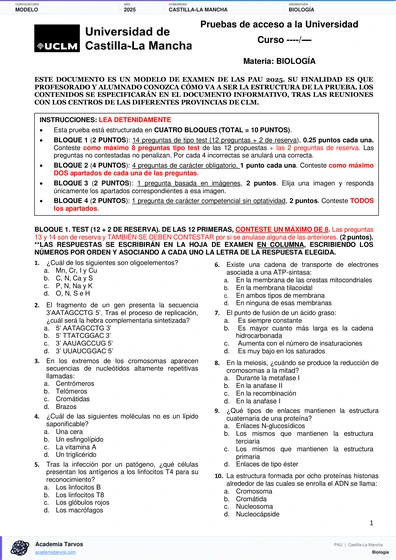 Vista previa de Modelo PAU de Biología de Castilla-La Mancha 2025