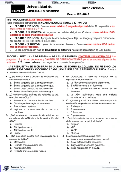 Vista previa de Examen PAU de Biología de Castilla-La Mancha 2025 – Ordinaria