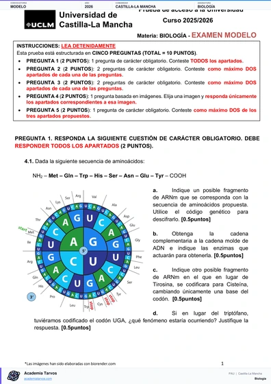Vista previa de Modelo PAU de Biología de Castilla-La Mancha 2026