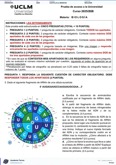 Vista previa de Examen PAU de Biología de Castilla-La Mancha 2026 – Ordinaria
