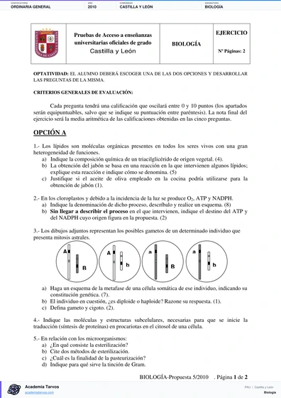Vista previa de Examen PAU de Biología de Castilla y León 2010 – Ordinaria General