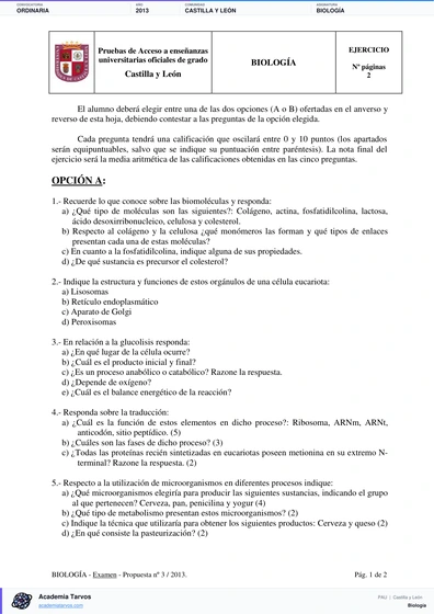 Vista previa de Examen PAU de Biología de Castilla y León 2013 – Ordinaria