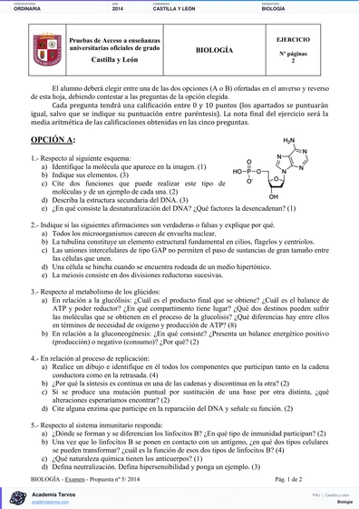 Vista previa de Examen PAU de Biología de Castilla y León 2014 – Ordinaria