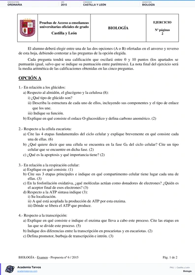 Vista previa de Examen PAU de Biología de Castilla y León 2015 – Ordinaria