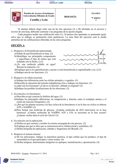 Vista previa de Examen PAU de Biología de Castilla y León 2016 – Ordinaria