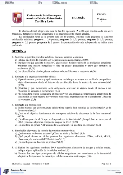 Vista previa de Examen PAU de Biología de Castilla y León 2018 – Ordinaria