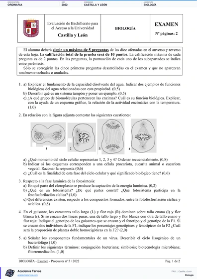 Vista previa de Examen PAU de Biología de Castilla y León 2022 – Ordinaria