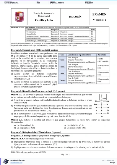 Vista previa de Examen PAU de Biología de Castilla y León 2026 – Extraordinaria