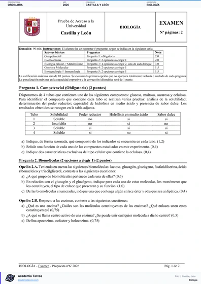 Vista previa de Examen PAU de Biología de Castilla y León 2026 – Ordinaria