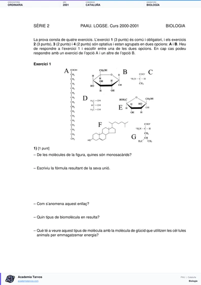 Vista previa de Examen PAU de Biología de Cataluña 2001 – Ordinaria