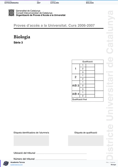 Vista previa de Examen PAU de Biología de Cataluña 2007 – Extraordinaria