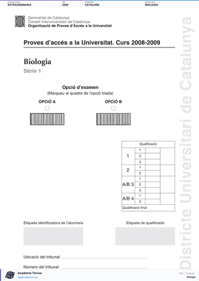 Vista previa de Examen PAU de Biología de Cataluña 2009 – Extraordinaria