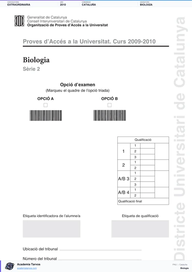Vista previa de Examen PAU de Biología de Cataluña 2010 – Extraordinaria