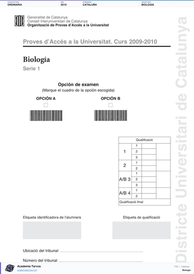 Vista previa de Examen PAU de Biología de Cataluña 2010 – Ordinaria