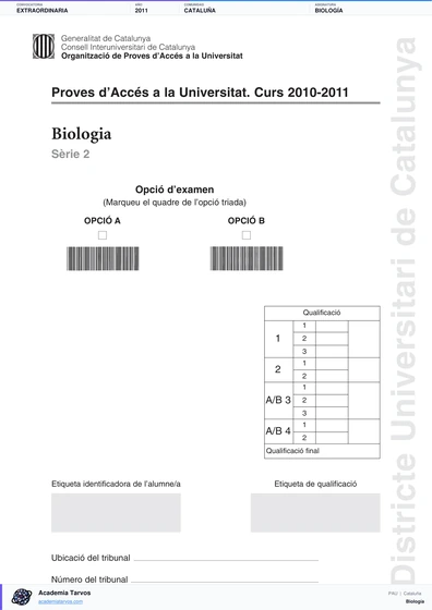 Vista previa de Examen PAU de Biología de Cataluña 2011 – Extraordinaria