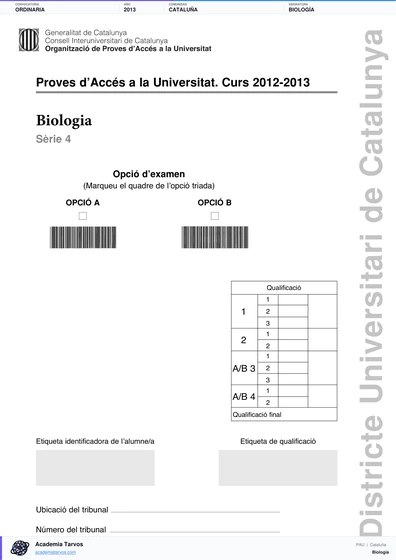 Vista previa de Examen PAU de Biología de Cataluña 2013 – Ordinaria