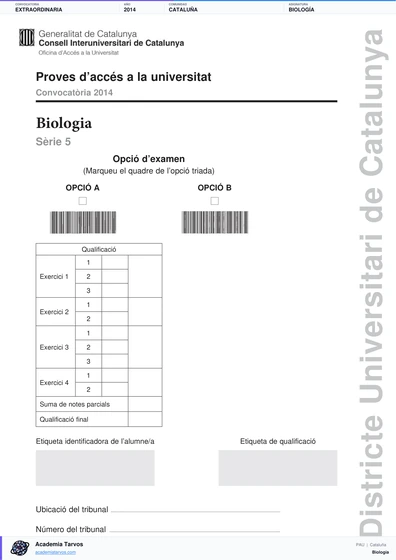Vista previa de Examen PAU de Biología de Cataluña 2014 – Extraordinaria