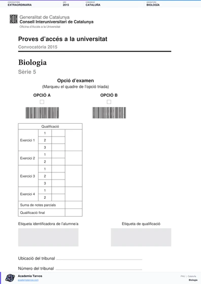 Vista previa de Examen PAU de Biología de Cataluña 2015 – Extraordinaria
