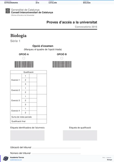Vista previa de Examen PAU de Biología de Cataluña 2016 – Extraordinaria